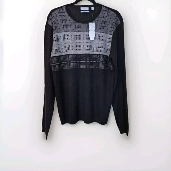 Calvin Klein Sweater Men L Gray Black Crewneck LS Italian Yarn Wool Blend Casual - Picture 1 of 15